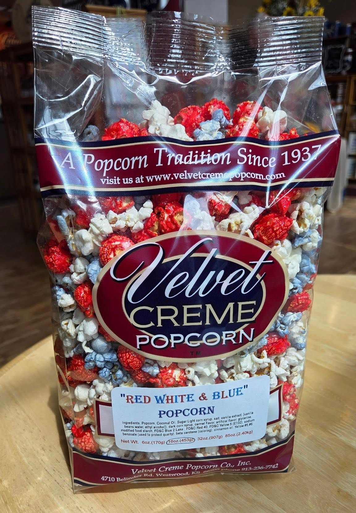 Bag of Velvet Creme red, white, and blue popcorn