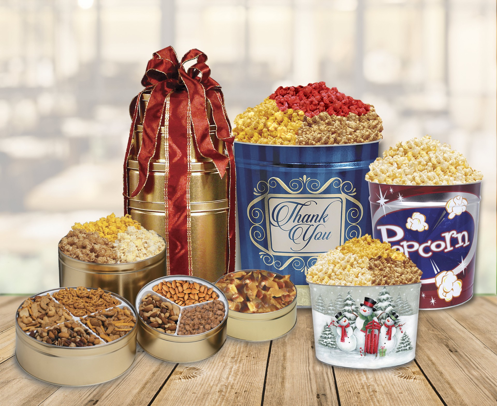Assorted Velvet Creme popcorn tins and snack gifts